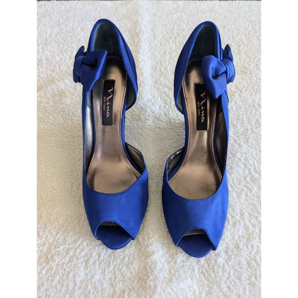 Nina New York Blue Satin Peep Toe Wedge Heels Bow Women’s 7M Formal